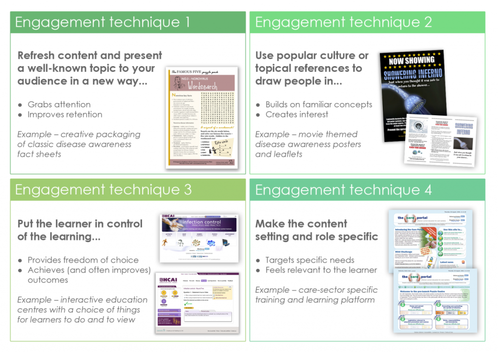 Four examples of engagement techniques for infection control education